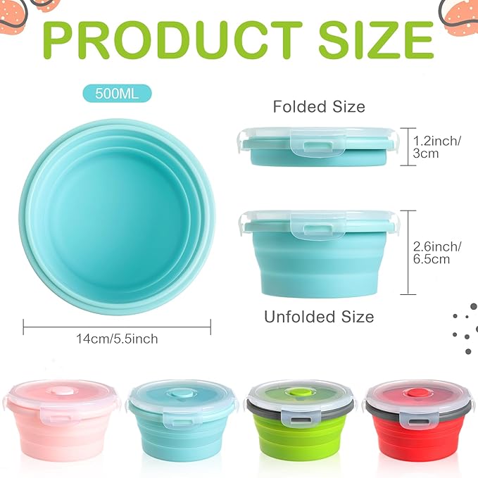 Suclain 4 Pcs Collapsible Bowls with Lids Silicone Camping Food Storage Container Expandable Folding Salad Lunch Box Travel Container for Hiking Camping
