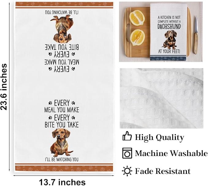 2Pcs Funny Dogs Kitchen Towels 24x14 Inch, Cute Dachshund Waffle Weave Dish Towels for Kitchen Home, White Absorbent Microfiber Hand Tea Towel, Weiner Dog Gifts for Women Dog Lovers 4