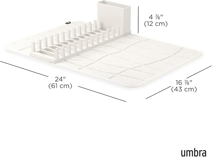 Umbra UDry Dish Drying Rack with Mat – Kitchen Countertop Dish Drainer & Absorbent Microfiber Drying Mat, Foldable Dish Rack Organizer for Plates, Cups & Utensils, Sand