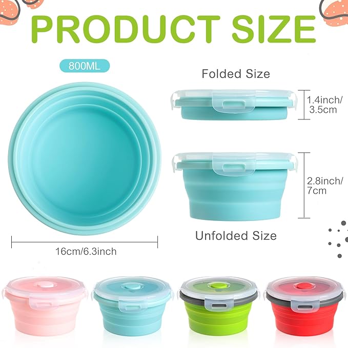 Suclain 4 Pcs Collapsible Bowls with Lids Silicone Camping Food Storage Container Expandable Folding Salad Lunch Box Travel Container for Hiking Camping