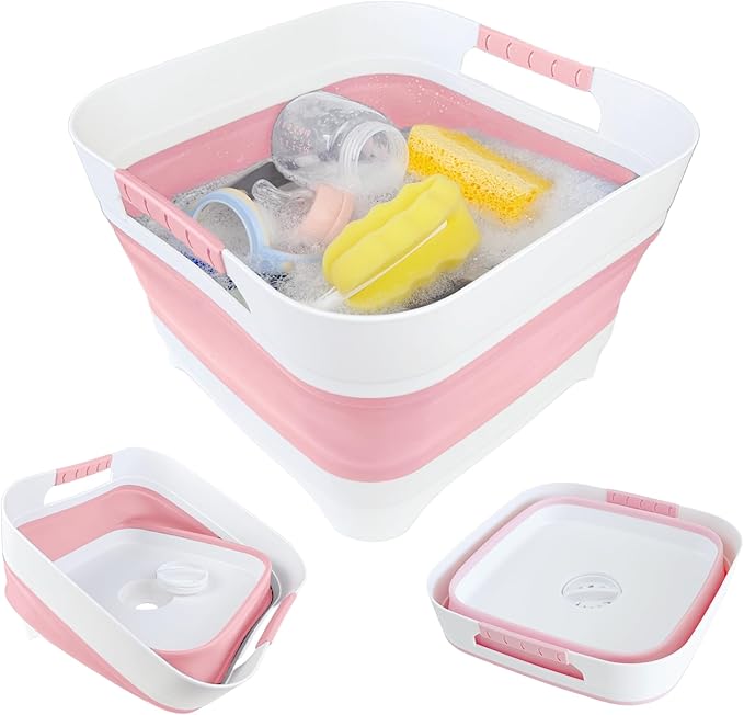GIMWA 2.6 Gal(10L) Collapsible Wash Basin for Baby Bottles,Pink Space-Saving Collapsible Dish Basin with Drain Plug for bottle washing, Collapsible Bucket for RV Kitchen Essentials