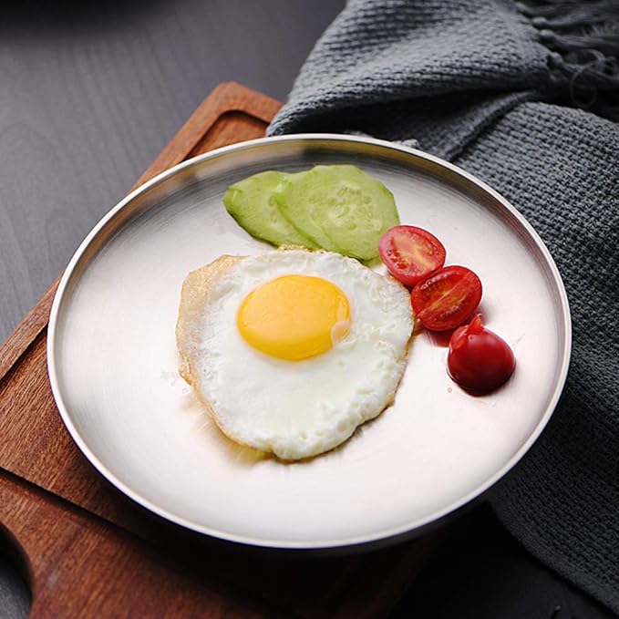 Stainless Steel Plate 2 Set Reusable Round Metal Dinner Plates 13.5 Inch - Vintage Silver Heavy Duty Kitchenware Dinner Dishes for Snack,Camping,BBQ Steak,Dishwasher Safe