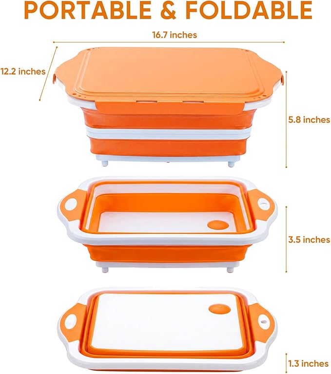 Collapsible BBQ Prep Tub with Lid, Foldable Camping Sink with Colander, Cutting Board, Dish Basin for Kitchen, Bowl, Vegetable and Fruit, Storage Basket for Picnic-Orange