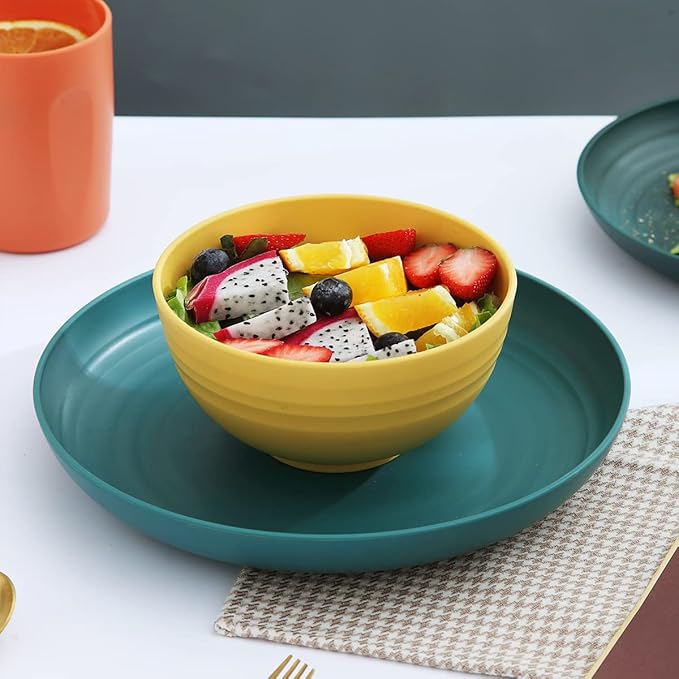 Kyraton Plastic Dinnerware Set of 16 Pieces, Unbreakable And Reusable Light Weight Plates Mugs Bowls Dishes Easy to Carry And Clean Microwave Safe BPA Free Dishwasher Safe Service For 4 (Mutil Color)