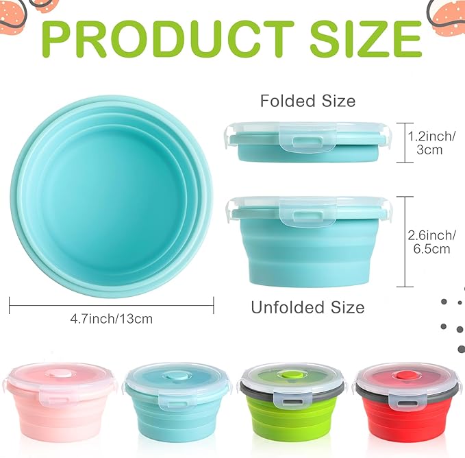 Suclain 4 Pcs Collapsible Bowls with Lids Silicone Camping Food Storage Container Expandable Folding Salad Lunch Box Travel Container for Hiking Camping