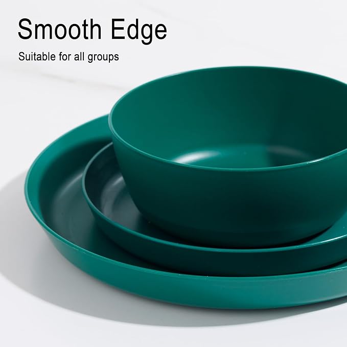 EI 12pcs Dark Green Wheat Straw Plates,Plate and Bowls Sets,Wheat Straw Dinnerware Set,Unbreakabl Plastic Plates Reusable,eMelamine Dinnerware Sets
