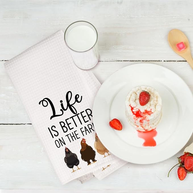 2Pcs Funny Kitchen Towels 24x14 Inch, Rooster Chicken Kitchen Decor Waffle Weave Hand Towels for Farmhouse, White Absorbent Microfiber Dish Cloth Tea Towel Chicken Gifts for Women Mom 1