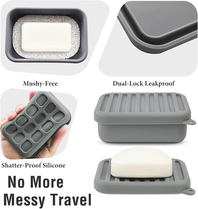 Silicone Travel Soap Case, Leak-Proof Bar Soap Container with Drain Tray, Portable Travel Soap Dish with Lid for Hiking, Gym, Camping, and Portable Toiletries Accessories (Grey)