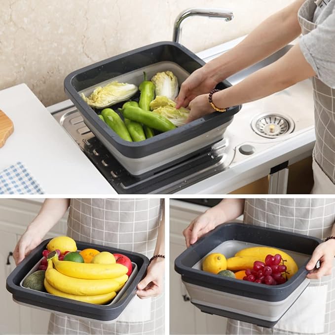Goderewild 2.4 Gal(9L) Collapsible Dish Pans for Washing Dishes, Space Saving Multiuse Foldable Sink Tub, Kitchen Storage Tray for Outdoor Camping, Vegetable Washing, RV (Black)