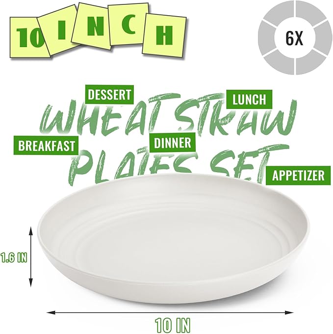 10 Inch Wheat Straw Plates Set of 6, Unbreakable Deep Dish Dinner Plates, BPA-Free Reusable Plastic Plates, Microwave and Dishwasher Safe for Kitchen, Camping, Party, White