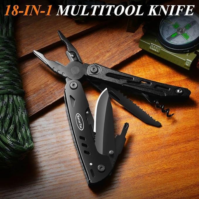 RoverTac 18-in-1 Multitool Pocket Knife with Pliers, Saw, Corkscrew & Detachable Scissors, Multi Tool with Safety Lock, 9 Screwdriver Bits, Camping Gear, Gifts for Men