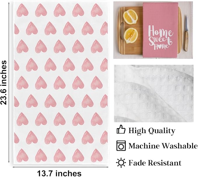 2PCS Pink Heart Love Home Sweet Home Valentine's Kitchen Towels, Valentines Day Decor for Couples, Reusable Absorbent Waffle Weave Dish Tea Towels for Cleaning Cooking, Microfiber Kitchen Towel