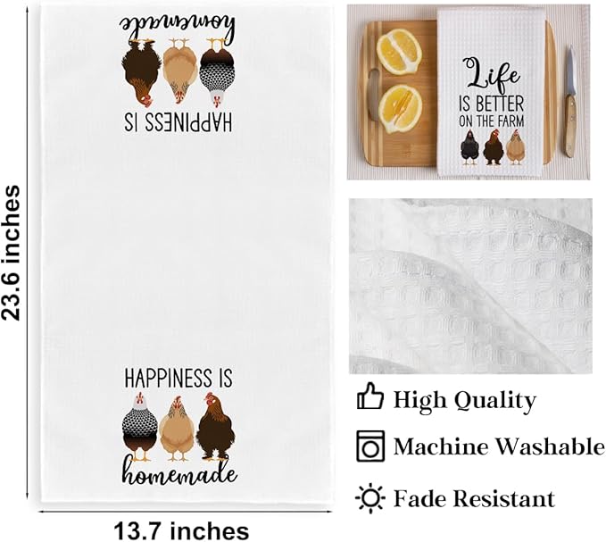 2Pcs Funny Kitchen Towels 24x14 Inch, Rooster Chicken Kitchen Decor Waffle Weave Hand Towels for Farmhouse, White Absorbent Microfiber Dish Cloth Tea Towel Chicken Gifts for Women Mom 1