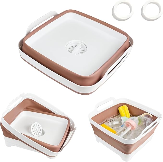 GIMWA Collapsible Wash Basin for Baby Bottles - 2.4 Gallons Portable Wash Bin for RV Camping Sink, Space-Saving Dish Tub (Mocha)
