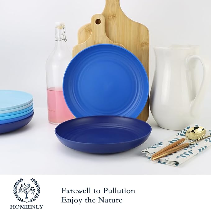 Homienly Deep Dinner Plates Set of 8 - Alternative to Plastic - Microwave & Dishwasher Safe - Unbreakable Kids Plates with 4 Colors (Blue Series, 9 inch)
