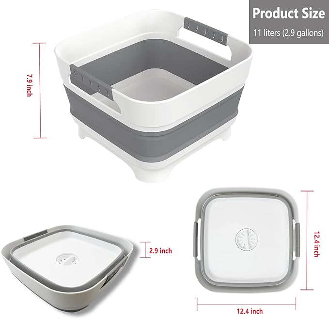 2.9 Gal(11L) Collapsible Wash Basin with Drain Plug, Space Saving Multiuse Foldable Sink Tub,Dishpan,RV camping sink,Vegetable Washing basin,Ice Beverage Tubs,Laundry & Kitchen Use