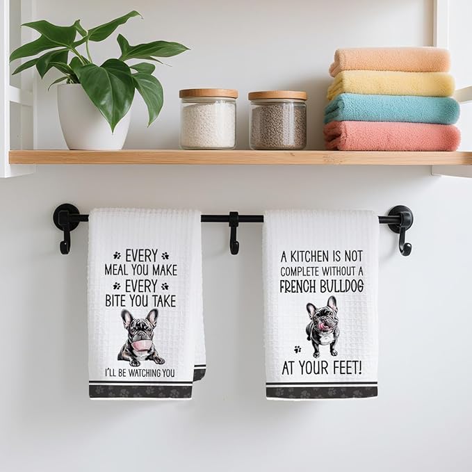 2Pcs Funny French Bulldog Dish Towels, Funny Frenchie Waffle Weave Kitchen Towels, French Bulldog Decorative Hand Tea Towels for Bathroom Kitchen Gifts for Women Dog Lovers