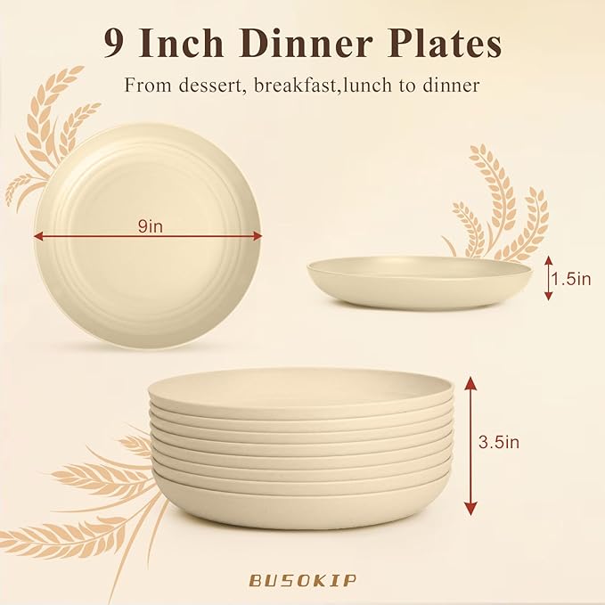 Dinner Plates Set for 8, Wheat Straw Plate 10 Inch, Unbreakable Serving Plates for Salad, Fruit, Microwave and Dishwasher Safe Round Plate for Restaurant, Camping, Kitchen - Beige
