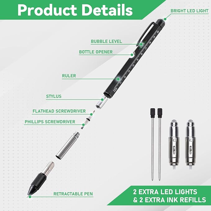 9-in-1 Multitool Pen with LED Light, Stylus, Level, Screwdriver, Cool Gadget, Gifts for Men. Women, Dad, Him, Husband, Father, Mechanic, Boyfriend, Birthday Gifts for Men, Black