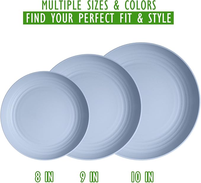 Wheat Straw Dinner Plates 6 PCS, Unbreakable Deep Dish Plates, BPA-Free Reusable Plastic Plates, Microwave and Dishwasher Safe Camping Dishes for Kids & Family, Light Blue