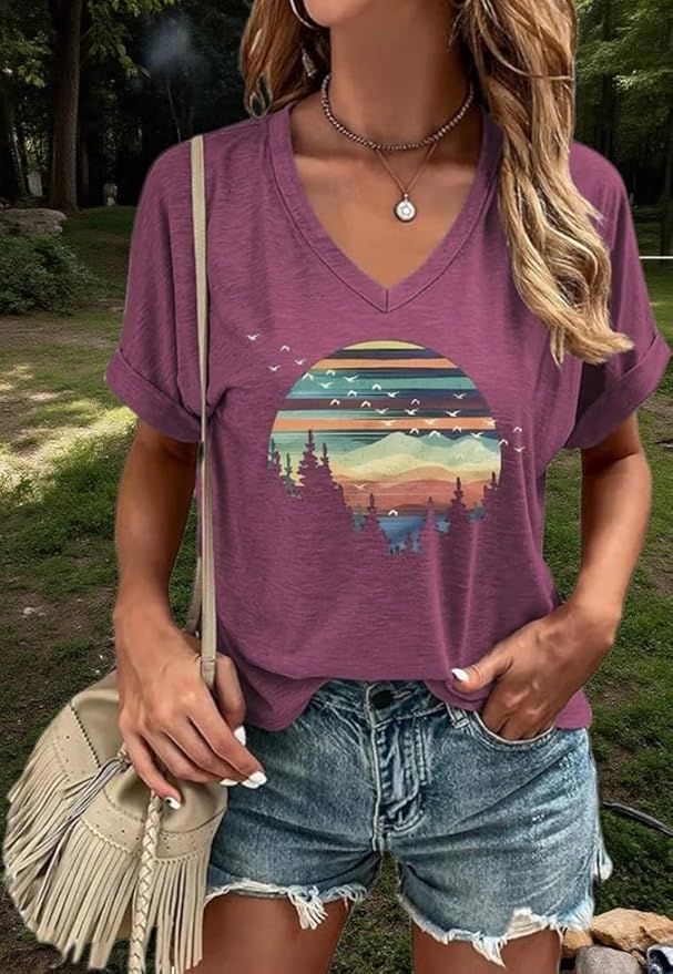 Graphic V Neck Shirt for Women Boho Floral Wildflowers Tee Casual Cottagecore Summer T-Shirt Blouse