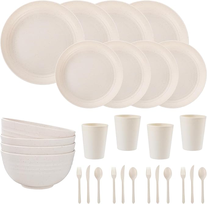 LIYH 28 Pcs Beige Wheat Straw Dinnerware Plates and Bowls Sets, Plastic Plates Reusable, Dinnerware Set for 4, Dish Set for Kitchen & Camping