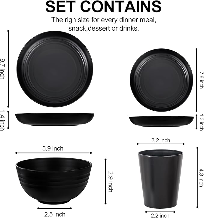 LIYH 24 Pcs Black Wheat Straw Dinnerware Sets, Unbreakable Plates and Bowls Set Plastic Dinnerware Set Include Wheat Straw Plates, Bowls, Cups, Dishes for Kitchen& Camping