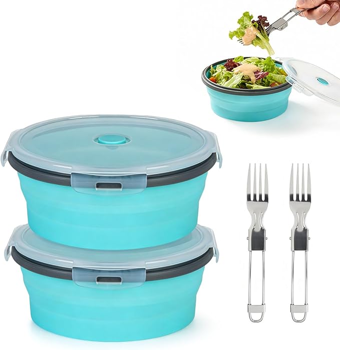 ColorCoral Collapsible Silicone Camping Bowl with Airtight Lid, 2-Pack（1200ml/42oz）, Foldable Bowl for Travel, RV, Leakproof Food Storage, Microwave & Fridge Safe, Includes Stainless Steel Fork