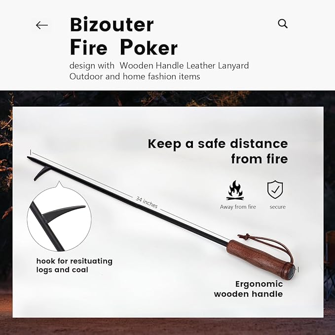 Fire Poker for Fire Pit,34in 2in1 Foldable Fire Poker & Blow Stick Fireplace Tools with Wooden Ergonomic Handle,Portable Fire Pit Poker for Campfire,Outdoor,Indoor,Wood Burning Stove & BBQ