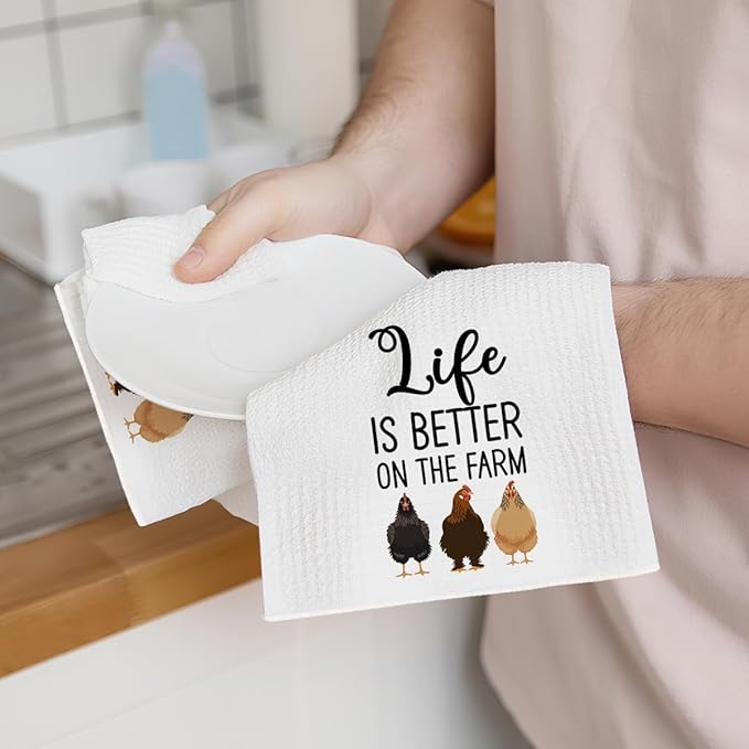 2Pcs Funny Kitchen Towels 24x14 Inch, Rooster Chicken Kitchen Decor Waffle Weave Hand Towels for Farmhouse, White Absorbent Microfiber Dish Cloth Tea Towel Chicken Gifts for Women Mom 1