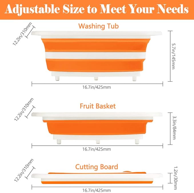 Rottogoon Collapsible Cutting Board, Foldable Chopping Board with Colander, Multifunctional Kitchen Vegetable Washing Basket Silicone Dish Tub for BBQ Prep/Picnic/Camping(Orange)