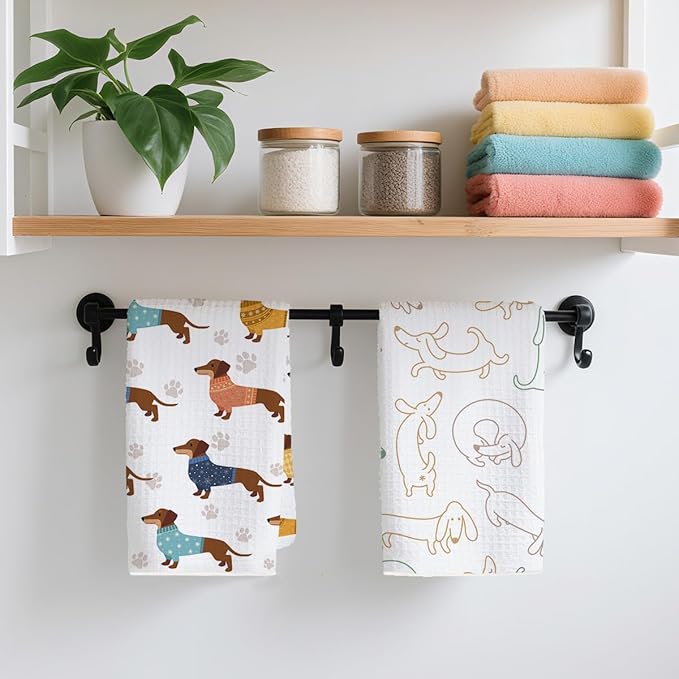 2PCS Cute Dachshund Kitchen Towels, Dog Mom Gifts for Women Reusable Absorbent Waffle Weave Dish Tea Towels for Cleaning, Microfiber Kitchen Towel, Weiner Dog Gifts for Women Dogs Lovers Friend