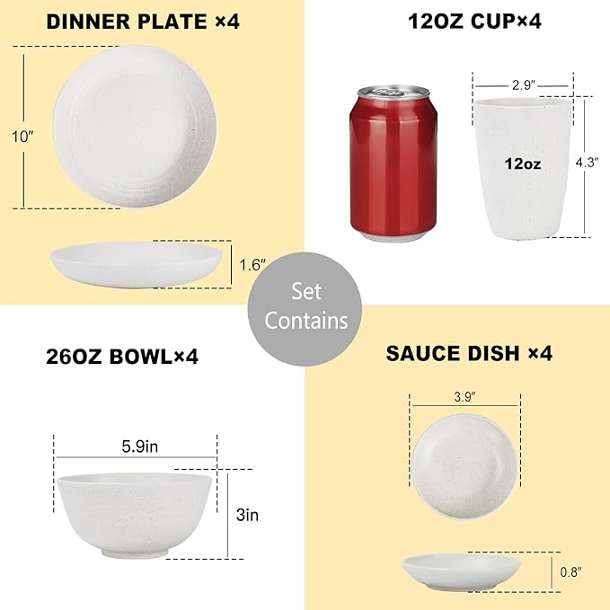 Premium Wheat Straw Dinnerware Set for 4 Unbreakable Plates Bowls and Cups Set 16 PCS Dishwasher & Microwave Safe Dishes Set for RV,Camping,Kitchen Essentials-White