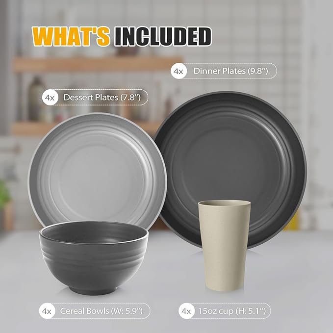 Teivio 16-Piece Kitchen Plastic Wheat Straw Dinnerware Set, Service for 4, Dinner Plates, Dessert Plate, Cereal Bowls, Cups, Unbreakable Plastic Outdoor Camping Dishes,Gray Stone