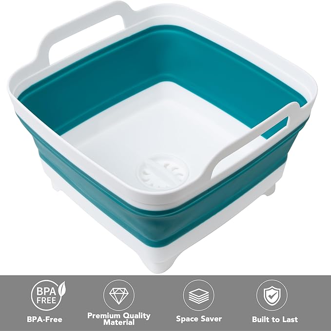 Tiawudi Dishpan for Washing Dishes, 2.4Gal/9L Wash Basin with Draining Plug Carry Handles, Collapsible Bucket for Cleaning, Portable Sink, Foldable Plastic Tub, 1PC