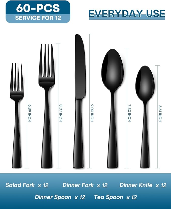 Stapava 60 Pcs Black Silverware Set, Food-Grade Stainless Steel Flatware Set for 12 Mirror Polished Cutlery Utensil Sets Include Dinner Knives Spoons and Forks Set Dishwasher Safe for Home Restaurant