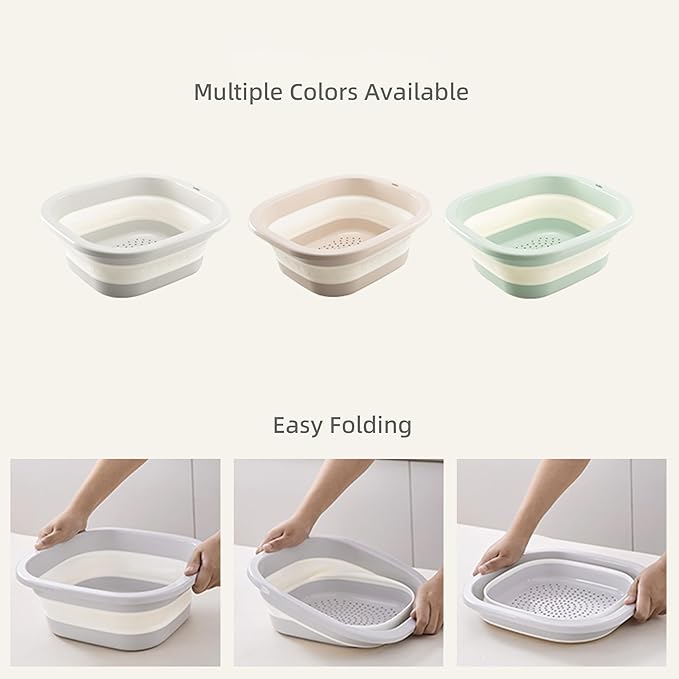 Collapsible Dish Basin with Colander, Foldable 2-in-1 Dish Pan and Strainer Set with Drain Holes, Portable Wash Basin for Kitchen Sink, Camping, Travel & RV (Green)