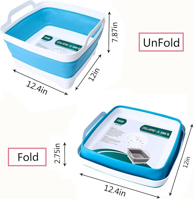 FOSJGO Dish Basin Collapsible with Drain Plug Carry Handles for 9 L Capacity, Collapsible Sink Tub, Dish Wash Basin, Portable Dish Tub, Foldable Dishpan for Camping Dish Washing Tub and RV Sink