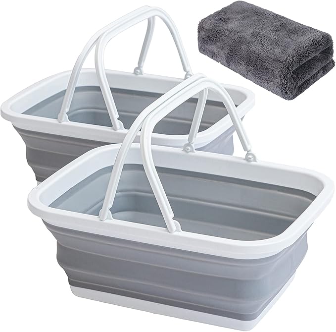 2 Pack Collapsible Sink with Handle Towel, 2.37 Gal / 9L Foldable Wash Basin for Washing Dishes, Camping, Hiking and Home Gray