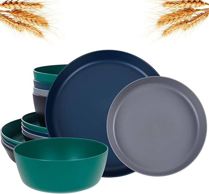 EI 12pcs Wheat Straw Plates,Plastic Plates Reusable,Unbreakable Plastic Plate,Wheat Straw Dinnerware Set,Melamine Plate-Black,Dark Grey,Dark Green,Dark Blue,Dinner, Camping,Picnic