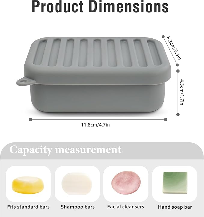 Silicone Travel Soap Case, Leak-Proof Bar Soap Container with Drain Tray, Portable Travel Soap Dish with Lid for Hiking, Gym, Camping, and Portable Toiletries Accessories (Grey)