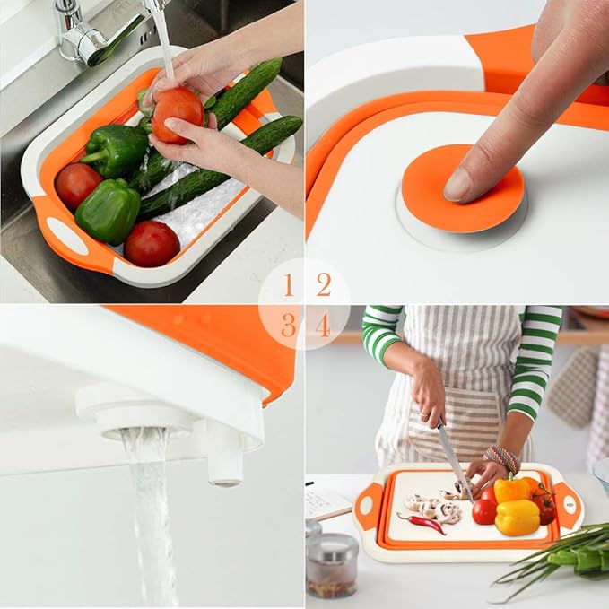 Rottogoon Collapsible Cutting Board, Foldable Chopping Board with Colander, Multifunctional Kitchen Vegetable Washing Basket Silicone Dish Tub for BBQ Prep/Picnic/Camping(Orange)