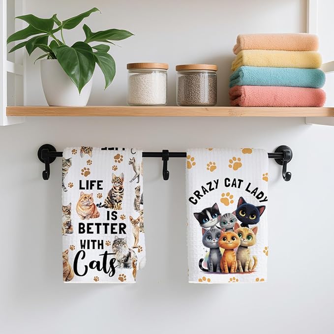 2PCS Cute Cat Kitchen Towels, Cat Themed Gifts Reusable Absorbent Waffle Weave Dish Tea Towels for Cleaning Cooking Baking, Cats Lovers Gifts for Women Microfiber Kitchen Towel, Housewarming Gift-2