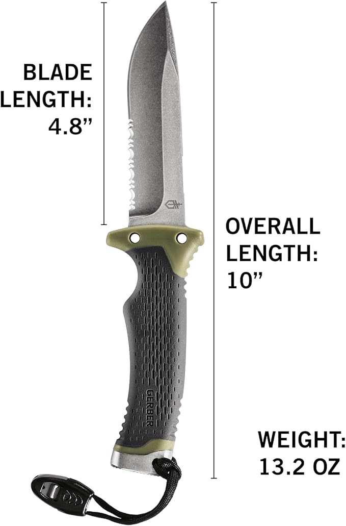 Gerber Gear Ultimate Survival Knife, Fixed Blade Knife with Combo Edge, includes Fire Starter Edge and Ferro Rod, Whistle, Sheath with Integrated Sharpener - Bushcraft, Hunting and Camping Tool