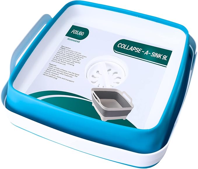 FOSJGO Dish Basin Collapsible with Drain Plug Carry Handles for 9 L Capacity, Collapsible Sink Tub, Dish Wash Basin, Portable Dish Tub, Foldable Dishpan for Camping Dish Washing Tub and RV Sink