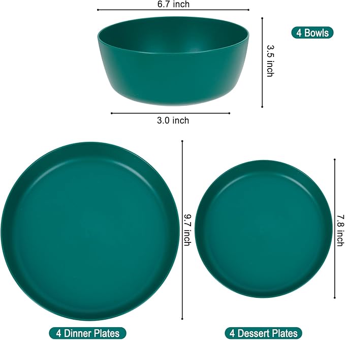 EI 12pcs Dark Green Wheat Straw Plates,Plate and Bowls Sets,Wheat Straw Dinnerware Set,Unbreakabl Plastic Plates Reusable,eMelamine Dinnerware Sets