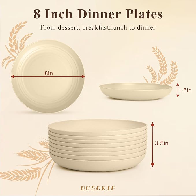 Kitchen Plates Set for 8, Wheat Straw Plate 8 Inch, Unbreakable & Lightweight Plastic Plates, Microwave and Dishwasher Safe Serving Plate for Camping, School, Dorm - Beige