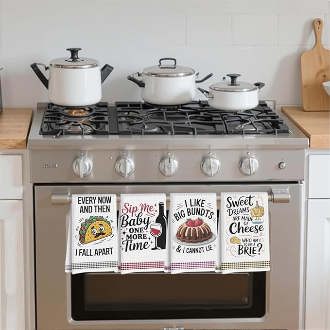4PCS Funny Kitchen Towel, Cute Decorative Dish Towels Sets, Absorbent Waffle Hand Towels, Housewarming Gifts for New Home, Women, Mom, Funny House Warming Presents, Hostess Gifts