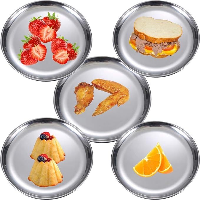 Stainless Steel Plates 2 Set Metal Dinner Dishes 10 Inch Reusable Dinner Plates Great for Picnic,Outdoor Camping,BBQ plate,Steak plate,Shatterproof Dishwasher Safe