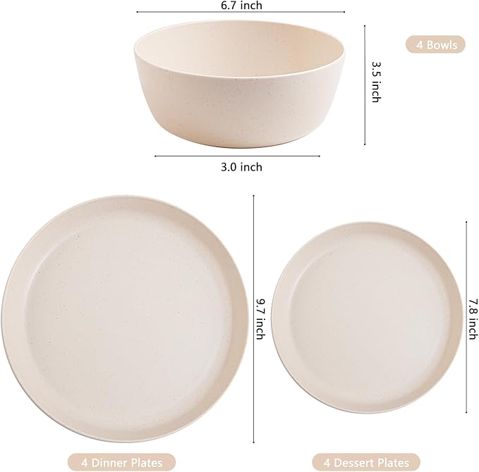 EI 12pcs Wheat Straw Dinnerware Set of 4,Reusable Plastic Plates,Unbreakable Dinner Plates,Deep Dinner Hard Premium Plastic Plate,Microwave Dishwasher Safe for Camping,Picninc,Family Dinner